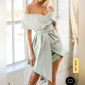 Lulus - Sage Green Satin Off-the-Shoulder Mini Dress